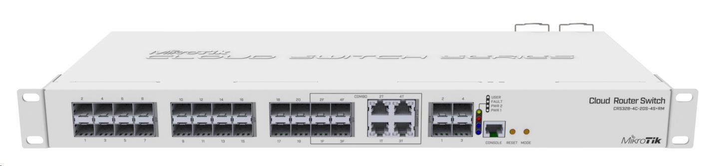 MikroTik Cloud Router Switch CRS328-4C-20S-4S+RM, 800MHz CPU,512MB RAM, 20x SFP, 4x SFP+, 4x LAN combo, vč. L5