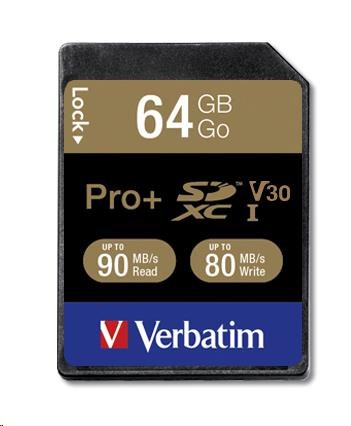 VERBATIM SDXC karta 64GB PRO+ Class 10, UHS-1 (R:90/W:80 MB/s)