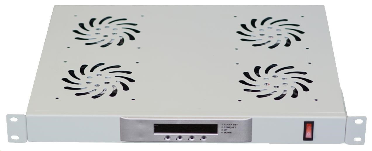 LEXI-Net 19" ventilační jednotka 1U, 4 ventilátory, LCD, digitální termostat, hloubka 350mm, šedá