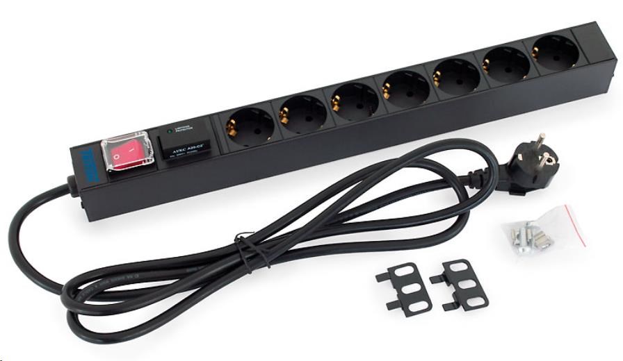 TRITON 19" rozvodný panel 1U; 7 x zásuvka podle DIN, max. 16 A; kabel 3 x 1,5 mm, 2 m + zástrčka univerzál CZ-DE max.16A