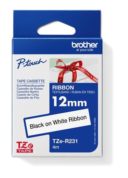 BROTHER TZE-R231 - kazeta TZ šířky 12mm, TEXTILNÍ páska 4m- pro tvorbu dárků - NELEPÍCÍ - BÍLÁ PÁSKA, ČERNÝ POTISK