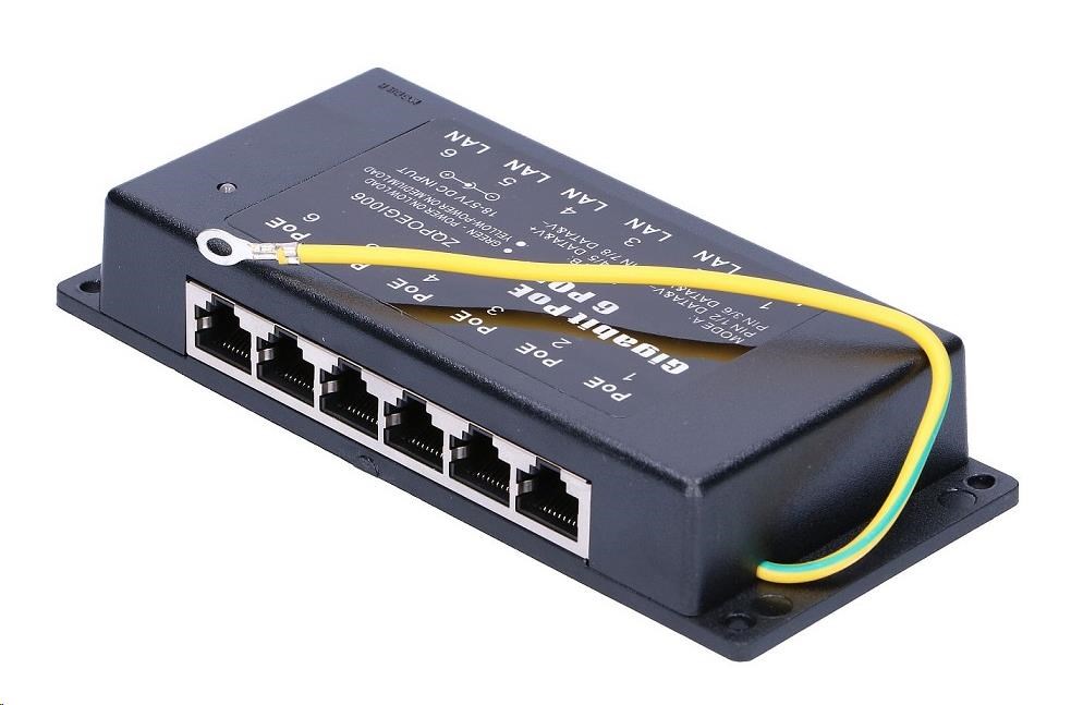 POE injektor aktivní/pasivní - 6x 1 Gb/s, stíněný, 802.3af/at