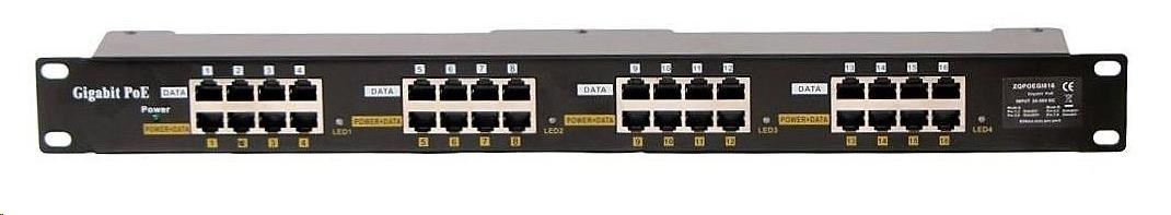 POE injektor aktivní/pasivní - 16x 1 Gb/s, stíněný panel, 802.3af/at