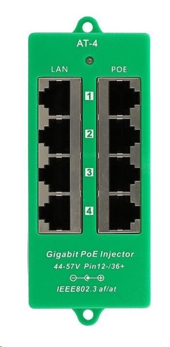 POE injektor aktivní - 4x 1Gb/s, stíněný, svorkovnice, 802.3af/at