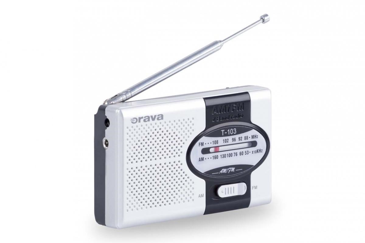Orava T-103 přenosné kapesní rádio AM/FM, výstup na sluchátka, teleskopická anténa, stříbrná