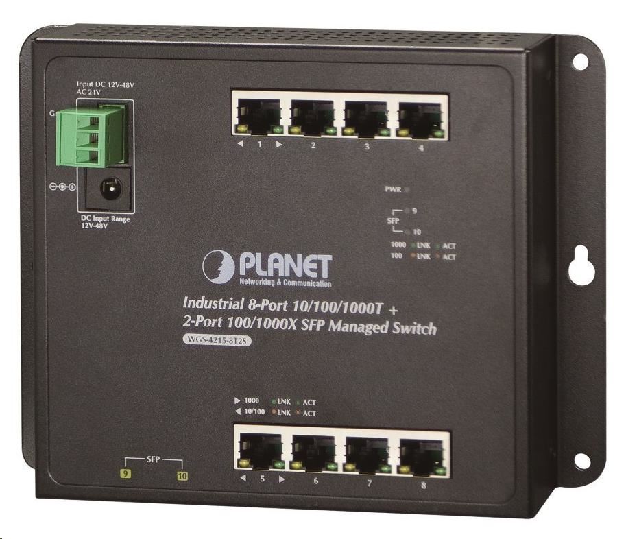 Planet WGS-4215-8T2S switch, správa Web/SNMP, DIN,IP30, -40~75°C, dual DC, fanless