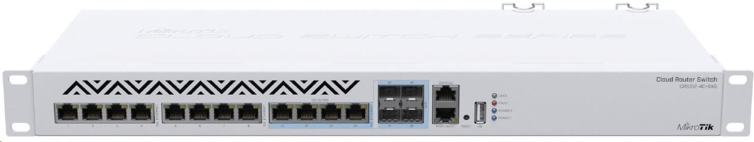 MikroTik Cloud Router Switch CRS312-4C+8XG-RM, 650MHz CPU, 64MB, 1xGLAN, 8x10G, 4x10G Combo, slot, vč. L5