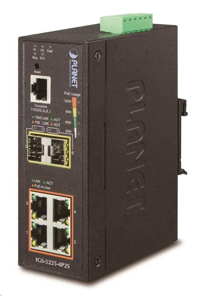 Planet switch IGS-5225-4P2S, průmyslový 4x10/100/1000T, 2x100/1000X SFP, -40~+75°C, PoE