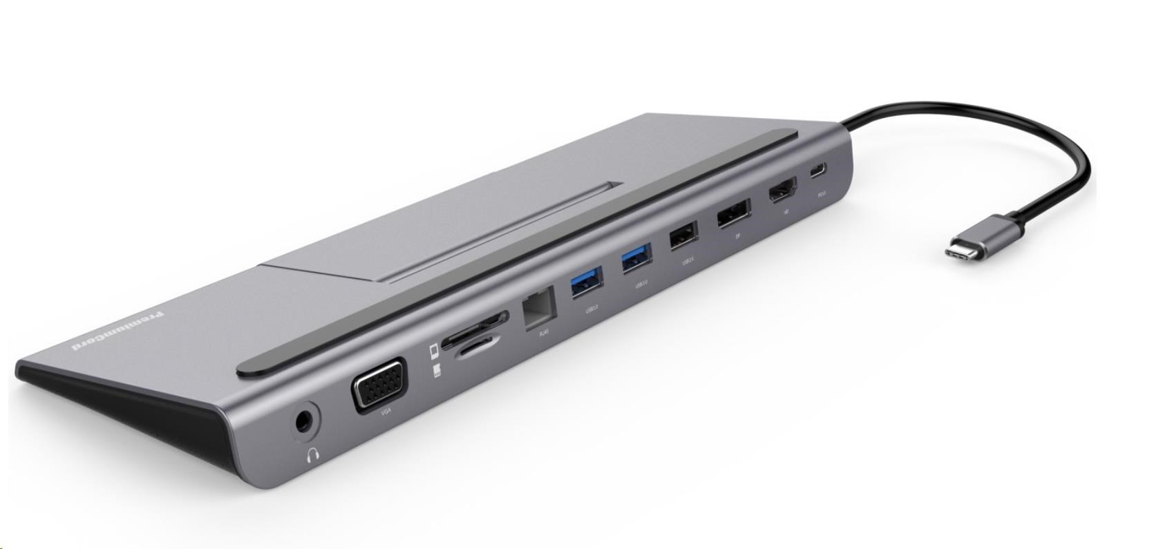 PREMIUMCORD Dokovací stanice USB-C 8v1, 1xDP, 1xHDMI, 1xVGA, 1xUSB-C, 3xUSB, 1xRJ45, šedá