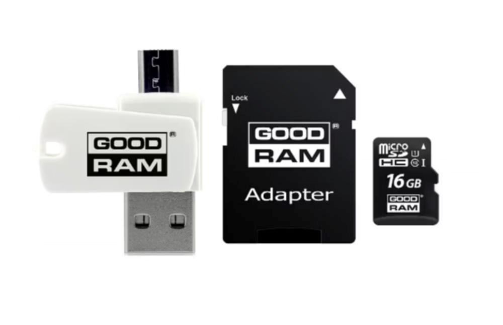 GOODRAM microSDHC karta 16GB M1A4 All-in-one (R:100/W:10 MB/s), UHS-I Class 10, U1 + Adapter + OTG card reader/čtečka