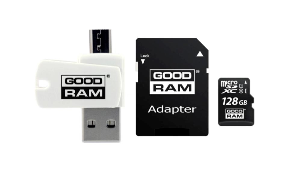 GOODRAM microSDXC karta 128GB M1A4 All-in-one (R:100/W:10 MB/s), UHS-I Class 10, U1 + Adapter + OTG card reader/čtečka