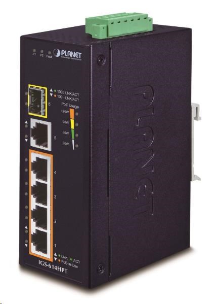 Planet IGS-614HPT, PoE switch, 5x 1000Base-T, 1x SFP, 4x PoE 802.3at, -40~+75°C, 12-56VDC, dual-power, DIN