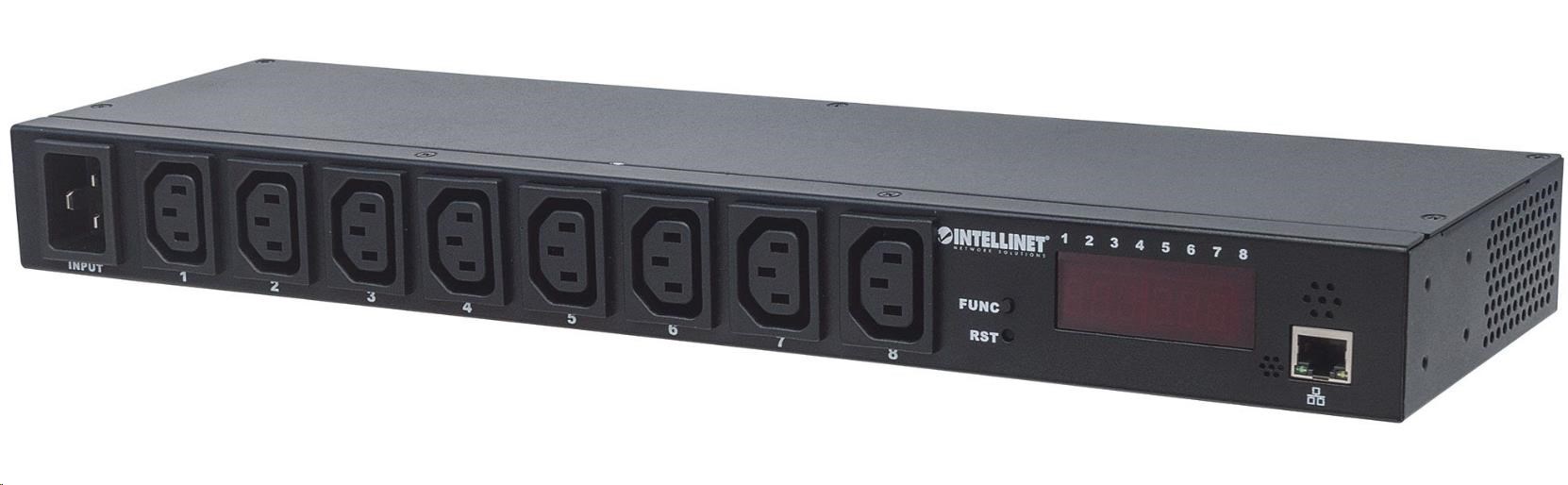 Intellinet rozvodný panel PDU, 8x C13 zásuvka, rack 1U, odpojitelný kabel 16A, monitoring