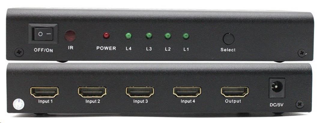 PREMIUMCORD HDMI switch 4:1 kovový s dálkovým ovladačem a napájecím adaptérem