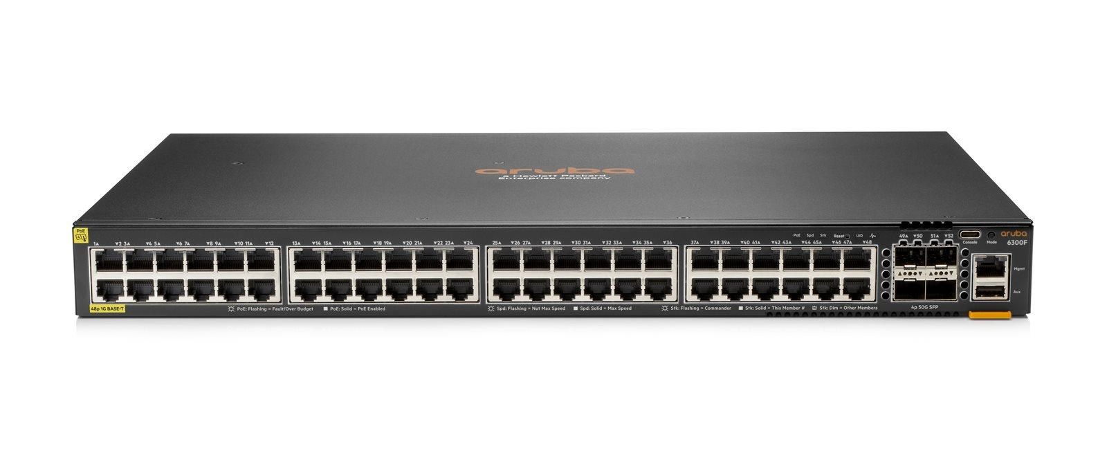 HPE Aruba Networking CX 6300F 48-port 1GbE Class 4 PoE and 4-port SFP56 Switch