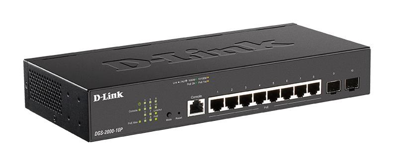 D-Link DGS-2000-10P Managed PoE switch, 8x GbE PoE+, 2x SFP, PoE 65W, fanless