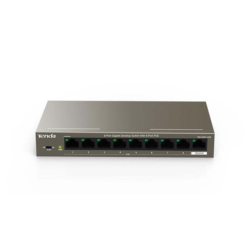 Tenda TEG1109P-8-102W 9xRJ45 Gigabit Switch s 8x PoE 802.3af/at + 1x Uplink 10/100/1000Mbps, celkem 102W