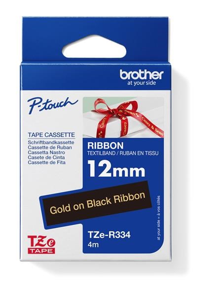 BROTHER TZE-R334 - kazeta TZ šířky 12mm, TEXTILNÍ páska 4m- pro tvorbu dárků - NELEPÍCÍ - ČERNÁ PÁSKA, ZLATÝ POTISK gold