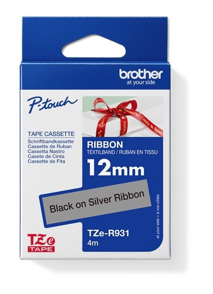 BROTHER TZE-R931 - kazeta TZ šířky 12mm, TEXTILNÍ páska 4m- pro tvorbu dárků - NELEPÍCÍ - STŘÍBRNÁ PÁSKA, ČERNÝ POTISK