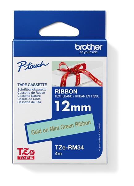 BROTHER TZE-RM34 - kazeta TZ šířky 12mm, TEXTILNÍ páska 4m- pro tvorbu dárků - NELEPÍCÍ - MÁTOVÁ PÁSKA ZLATÝ POTISK gold