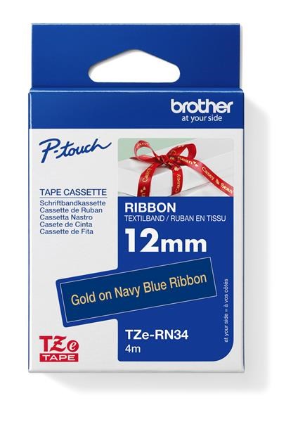 BROTHER TZE-RN34 - kazeta TZ šířky 12mm, TEXTILNÍ páska 4m- pro tvorbu dárků - NELEPÍCÍ - MODRÁ PÁSKA, ZLATÝ POTISK gold