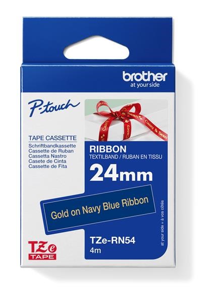 BROTHER TZE-RN54 - kazeta TZ šířky 24mm, TEXTILNÍ páska 4m- pro tvorbu dárků - NELEPÍCÍ - MODRÁ PÁSKA, ZLATÝ POTISK gold