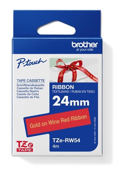 BROTHER TZE-RW54 - kazeta TZ šířky 24mm, TEXTILNÍ páska 4m- pro tvorbu dárků - NELEPÍCÍ -ČERVENÁ PÁSKA ZLATÝ POTISK gold