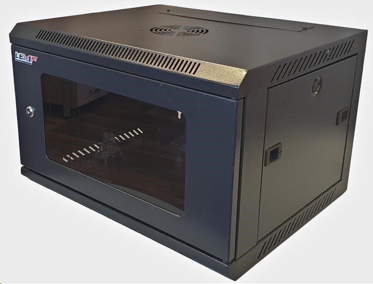 LEXI-Net 19" nástěnný rozvaděč 6U 600x450, nosnost 60 kg, skleněné dveře, rozložený, černý