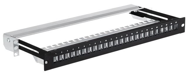19" modulární stíněný patch panel LEXI-Net 24port, černý, výsuvný