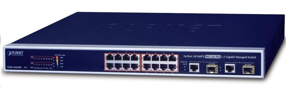 Planet FGSW-1816HPS PoE switch 16x 100-TX, 2x 1000-T/SFP, PoE 802.3at