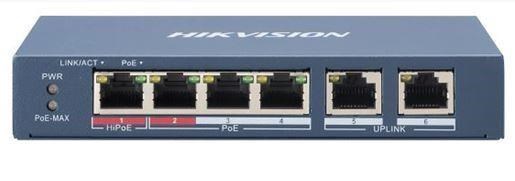 HIKVISION DS-3E0106HP-E switch 1x 100TX HI-PoE + 3x 100TX PoE; 2x 100TX uplink, 60W, Super PoE
