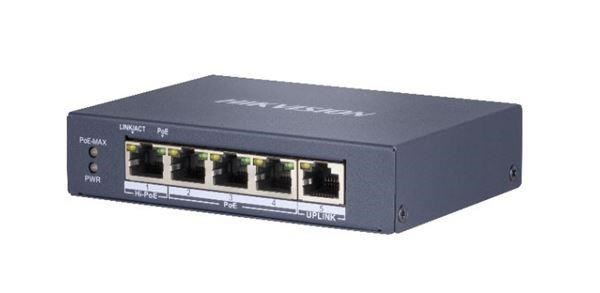 HIKVISION DS-3E0505HP-E, full Gb switch 4x PoE (1x HI-PoE), 1x uplink RJ-45, 60W, dosah až 300m