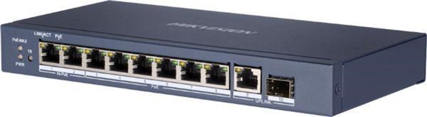 HIKVISION DS-3E0510HP-E, full Gb switch 8x PoE (2x HI-PoE), 1x uplink RJ-45 + 1x uplink SFP, 110W, dosah až 300m