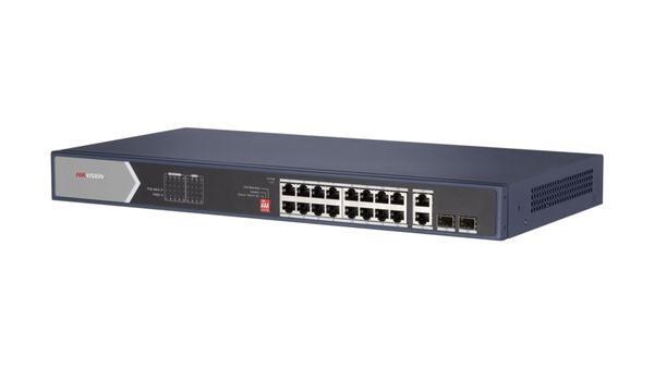 HIKVISION DS-3E0520HP-E, Full Gb switch 16x PoE (4x HI-PoE), 2x uplink RJ-45 + 2x uplink SFP, 225W, dosah až 300m