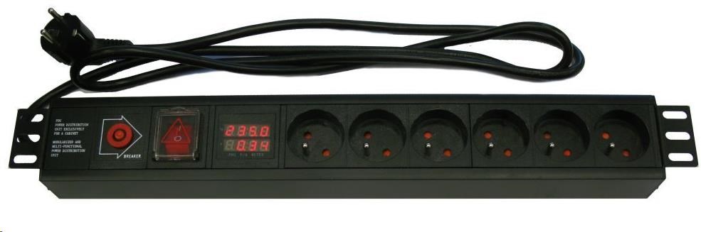 19'' rozvodný panel XtendLan 6x 230V, ČSN, vypínač, nadproudová ochrana 16A, měření spotřeby, kabel 1,8m, 1,5U