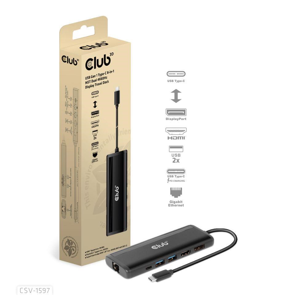 Club 3D Dokovací stanice USB-C 8v1, 1xDP, 1xHDMI, 1xUSB-C PD100W, 2xUSB, čtečka SD karet, šedá