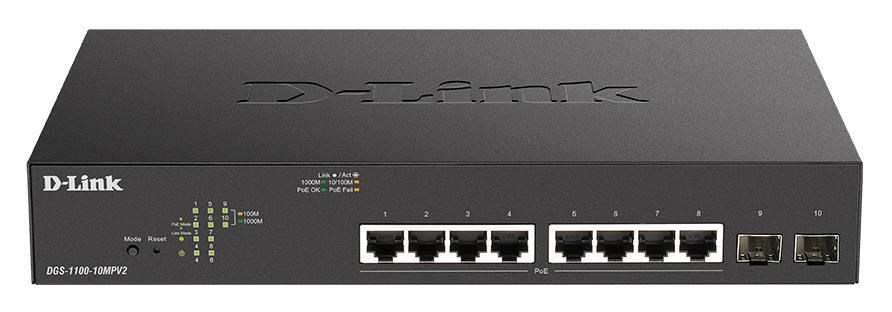 D-Link DGS-1100-10MPV2 10-Port PoE+ Gigabit Smart Managed Switch, 8x PoE gigabit, 2x SFP, PoE budget 130W