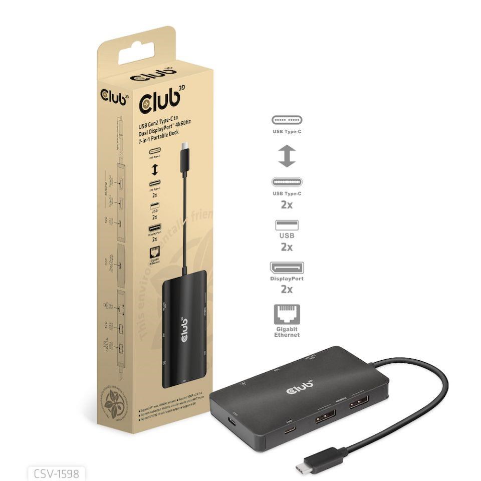 Club3D Dokovací stanice USB-C 7v1, 2xDP, 2xUSB-C, 2xUSB, 1xRJ45, černá