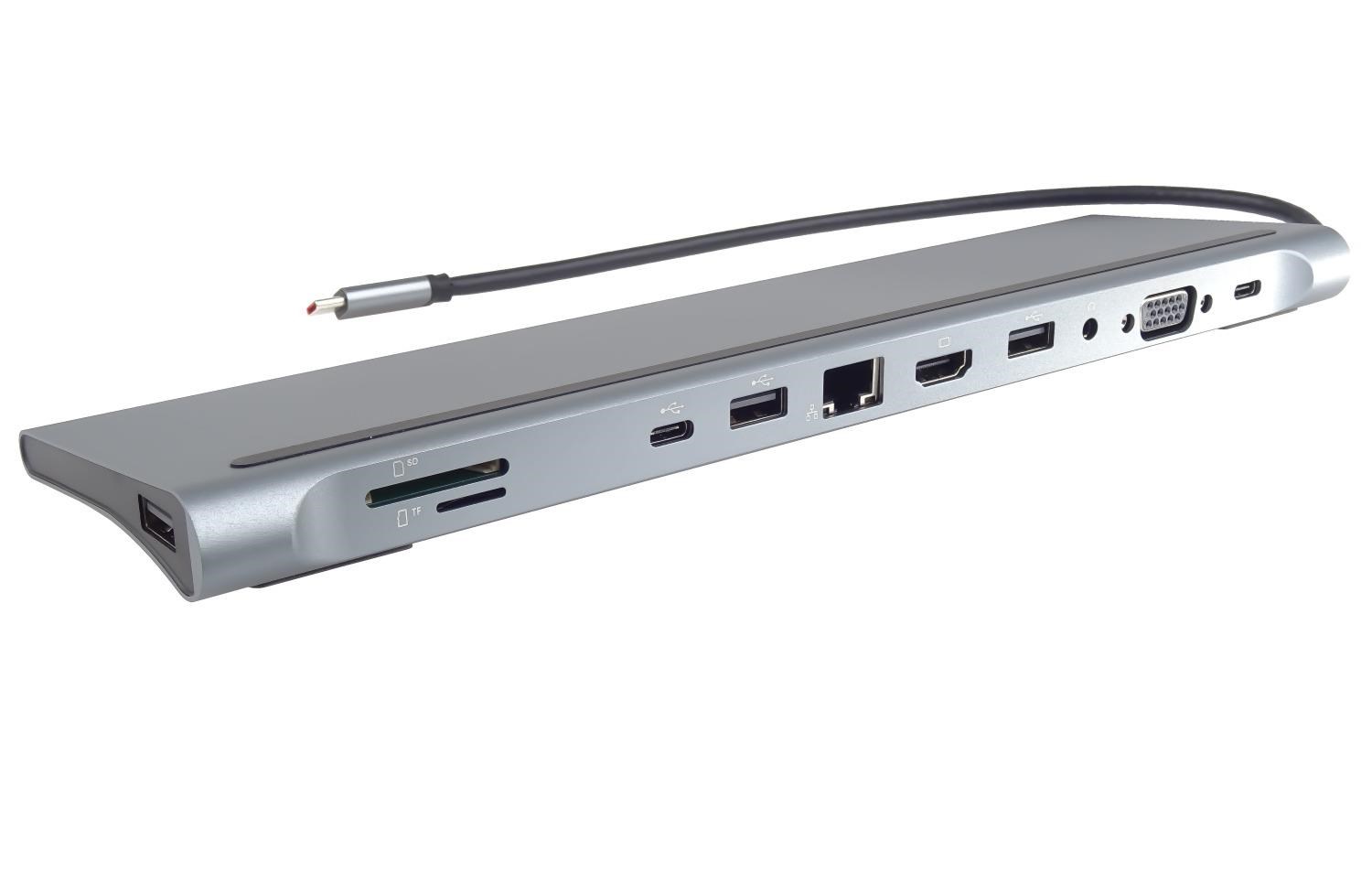 PREMIUMCORD Dokovací stanice USB-C 10v1, 1xHDMI, 1xVGA, 2xUSB-C, 3xUSB, 1xRJ45, čtečka SD karet, šedá