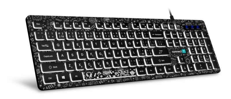 CONNECT IT DOODLE kancelářská drátová bíle podsvícená USB klávesnice, CZ + SK verze, ČERNÁ