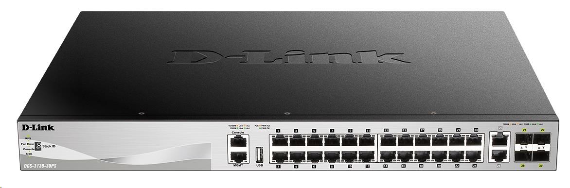 D-Link DGS-3130-30PS/E L3 Stackable Managed Gigabit PoE Switch, 24x PoE gigabit, 2x 10GBASE-T, 4x SFP+, 370W PoE