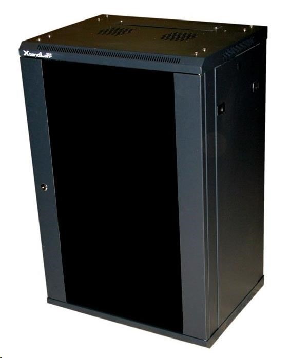 XtendLan 19" nástěnný rozvaděč 22U 600x600, nosnost 60 kg, skleněné kouřové dveře, rozložený, černý