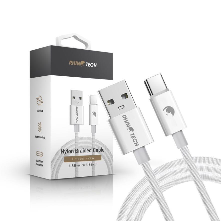 RhinoTech kabel s nylonovým opletem USB-A na USB-C 27W 1M bílá