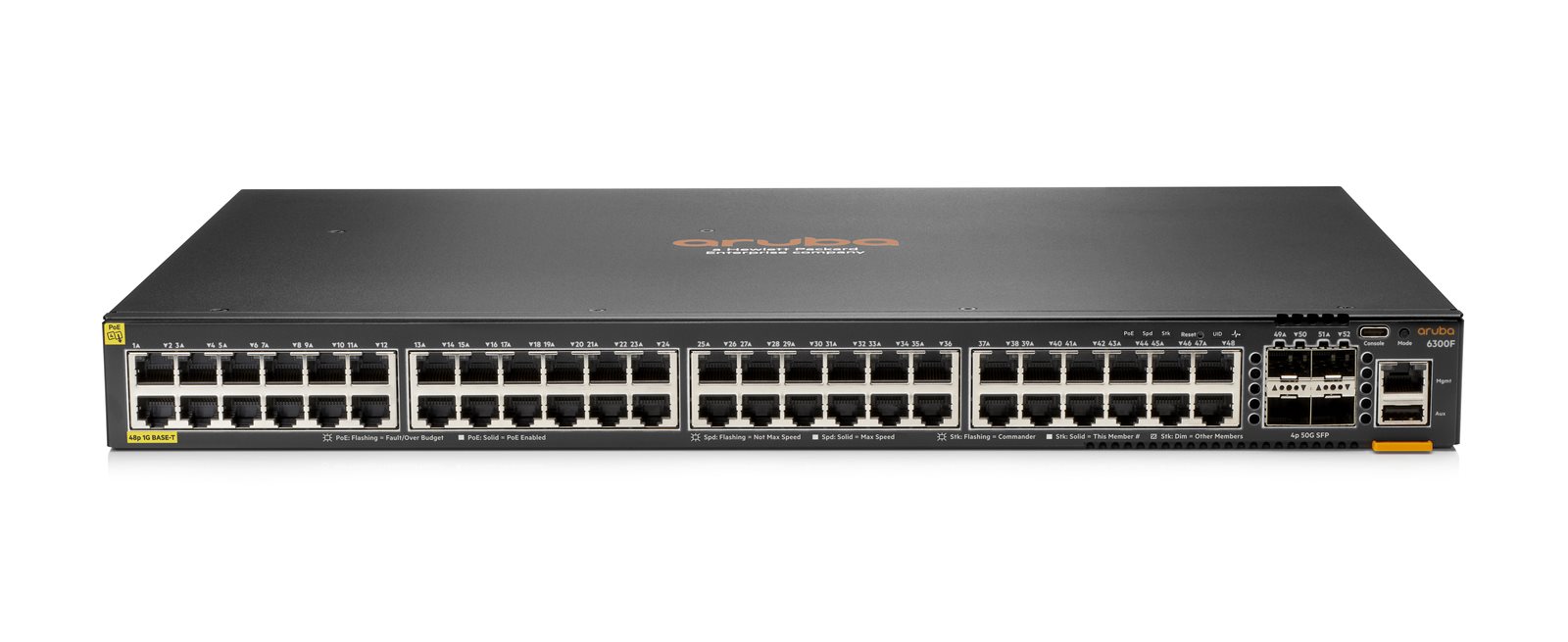 HPE Aruba Networking CX 6300F 48-port 1GbE Class 4 PoE and 4-port SFP56 Switch JL665A RENEW