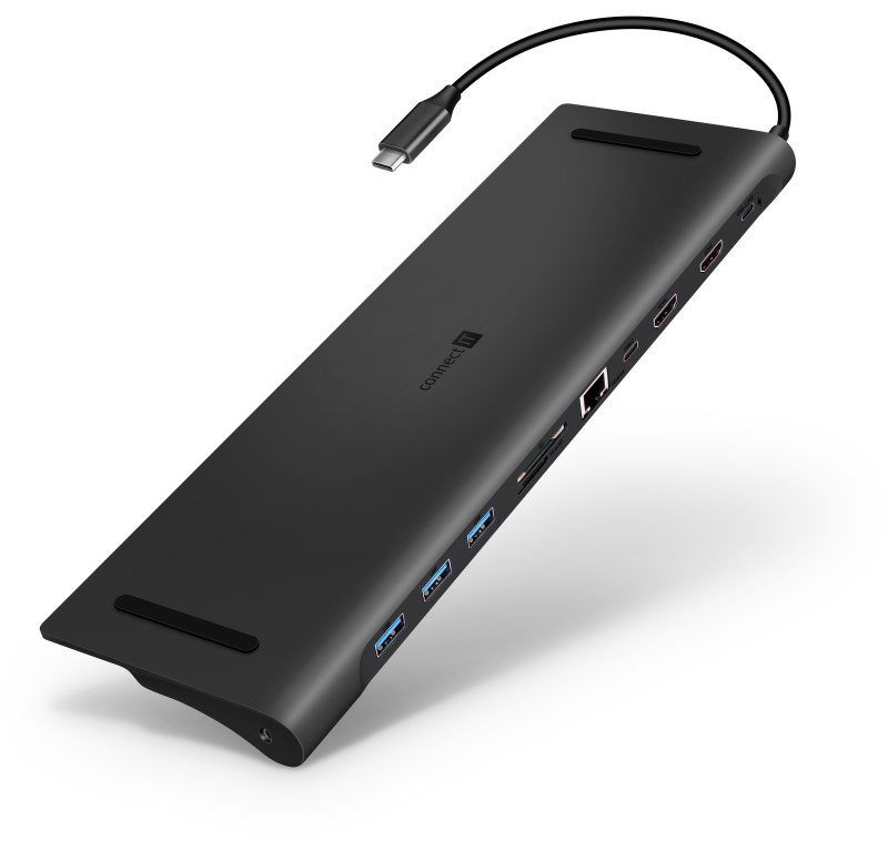 CONNECT IT Dokovací stanice USB-C 11v1, 2xHDMI, 2xUSB-C, 3xUSB, 1xRJ45, čtečka SD karet, černá