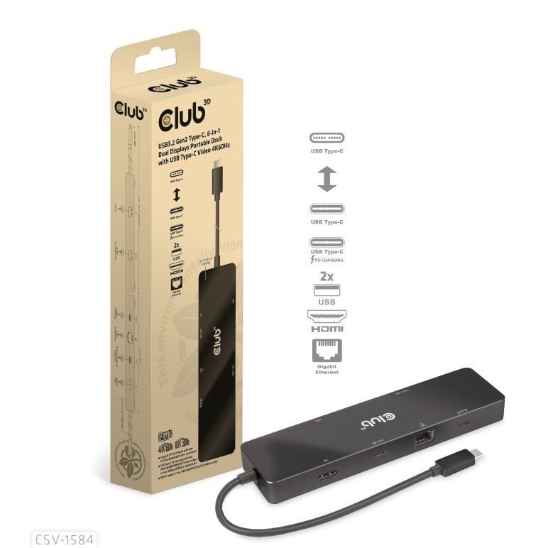 Club 3D Dokovací stanice USB-C 6v1, 1xHDMI, 1xUSB-C PD 100W, 2x USB, 1xRJ45, černá