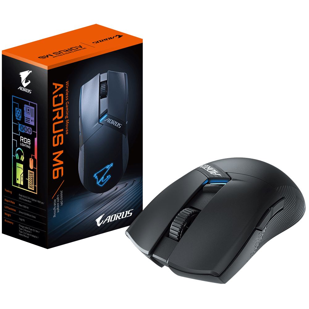 GIGABYTE Herní myš Aorus M6, Bezdrátová 2.4GHz, USB-C, černá