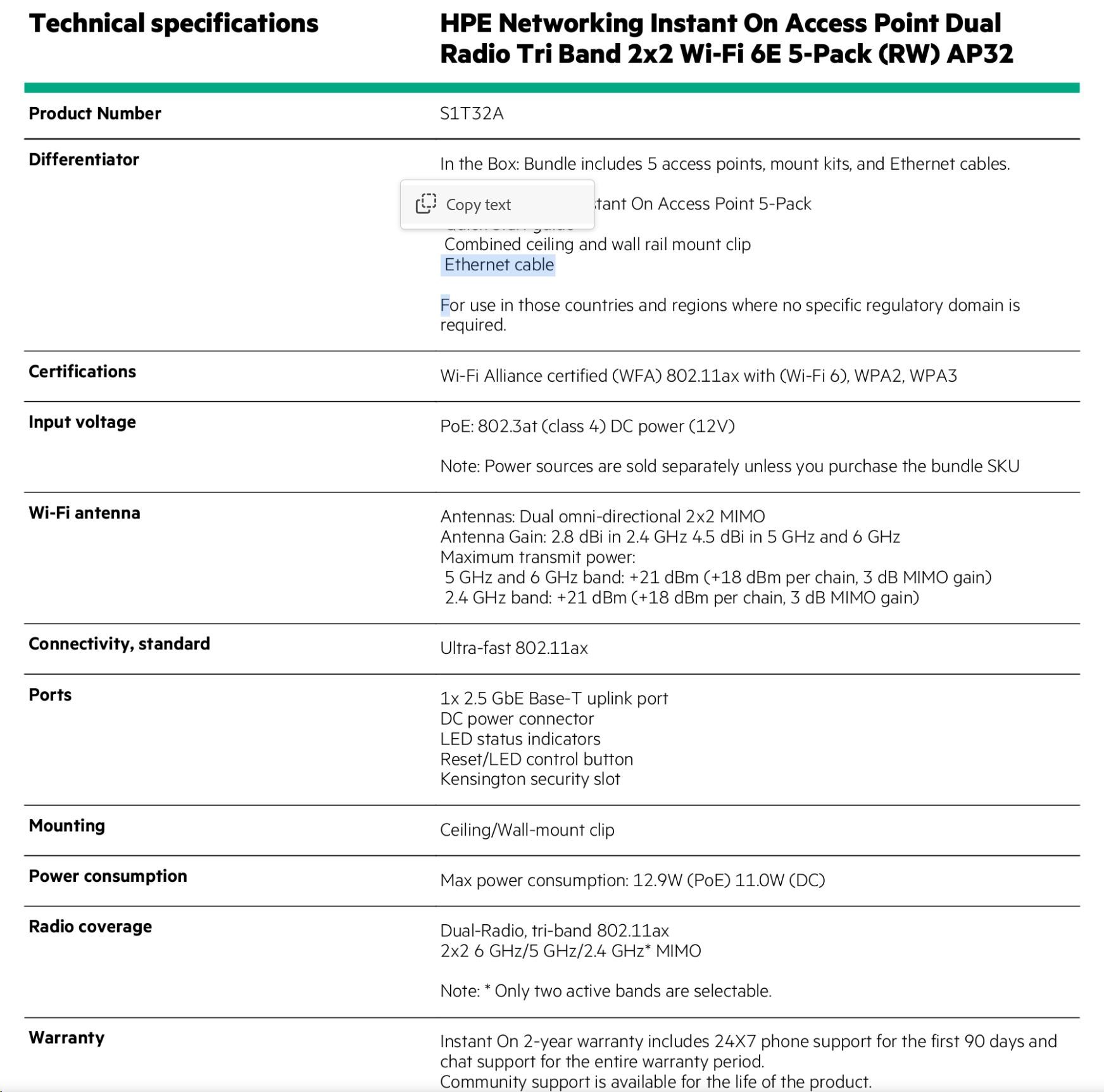 HPE Networking Instant On Access Point Dual Radio Tri Band 2x2 Wi-Fi 6E 5-Pack (RW) AP32