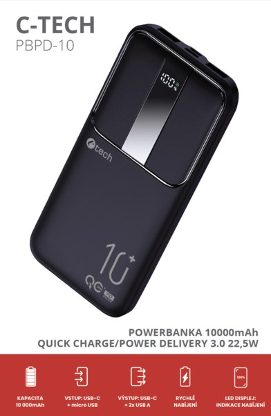 C-TECH Powerbanka 10000mAh, Li-Pol, 22,5W, USB-C/USB-A/micro USB