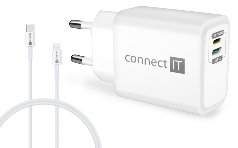 CONNECT IT Duplex nabíjecí adaptér 1xLightning, 1×USB-C, 20W, 1xLightning - USB-C kabel, bílá